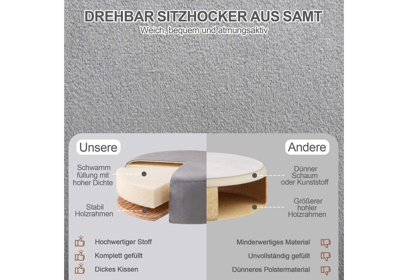 Duhome Hocker (428), Drehhocker Sitzhocker Rund Rollhocker Schminkhocker Höhenverstellbar – Bild 4 von 5