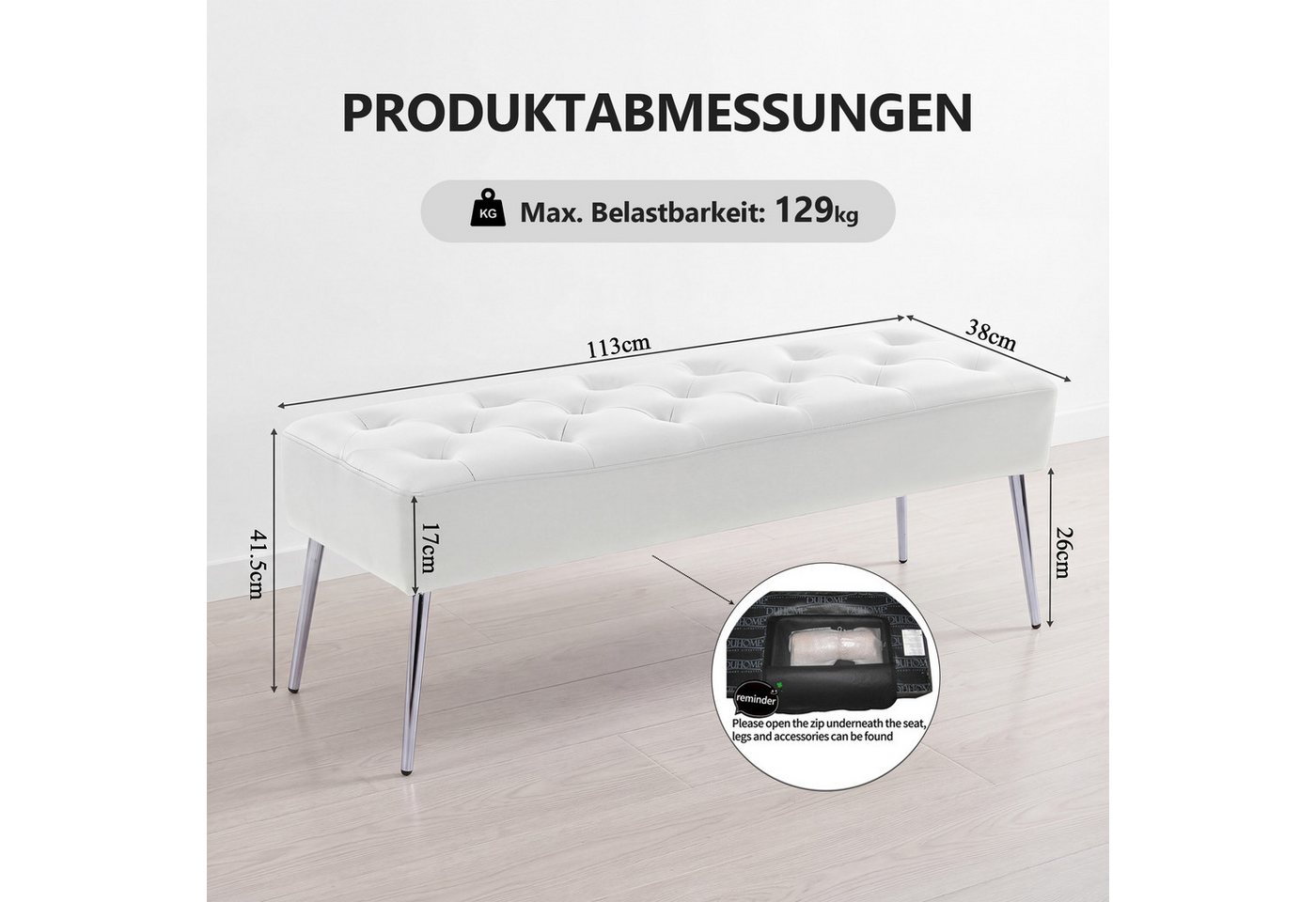 Duhome Sitzhocker (9130C), Sitzbank Polsterbank Sitzhocker Schminkbank mit Knöpfen, Metallbeine – Bild 3 von 5