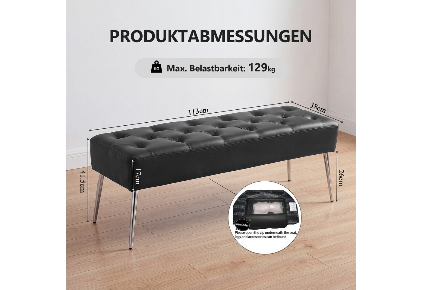 Duhome Sitzhocker (9130C), Sitzbank Polsterbank Sitzhocker Schminkbank mit Knöpfen, Metallbeine – Bild 3 von 5