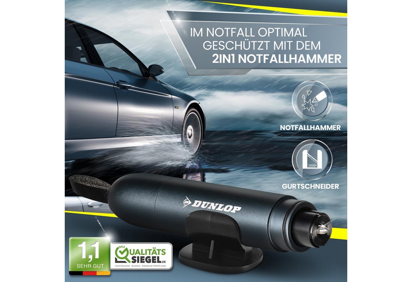 Dunlop Hammer Gurtschneider Notfallhammer Marken Notfall Hammer mit Testglas (1-St), Marken Notfall Hammer mit Testglas Emergency CarTool – Bild 3 von 5