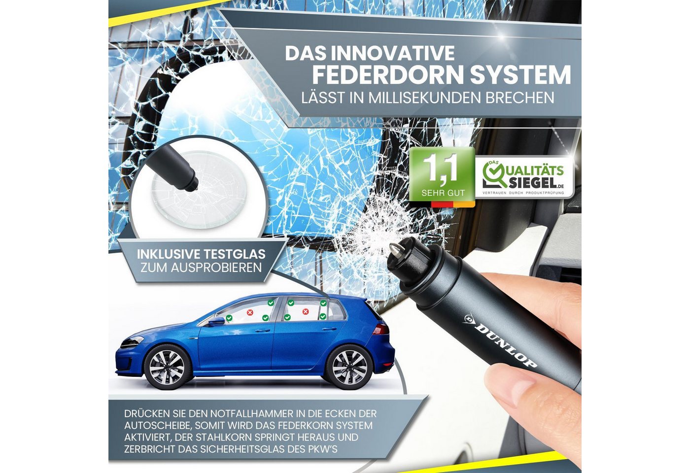 Dunlop Hammer Gurtschneider Notfallhammer Marken Notfall Hammer mit Testglas (1-St), Marken Notfall Hammer mit Testglas Emergency CarTool – Bild 5 von 5