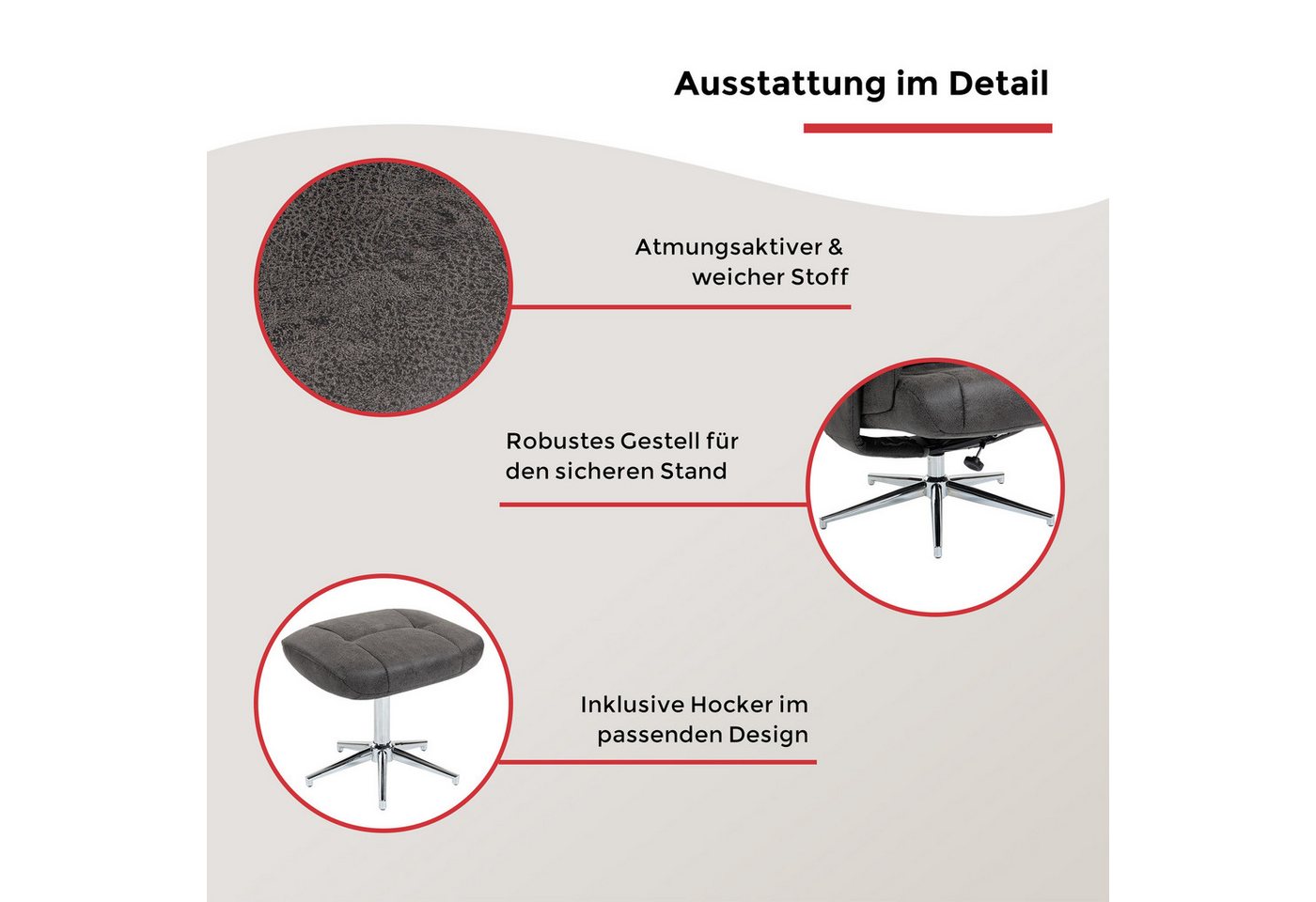 Duo Collection TV-Sessel Burnaby, mit Hocker und Relaxfunktion, 360 Grad drehbar – Bild 3 von 5