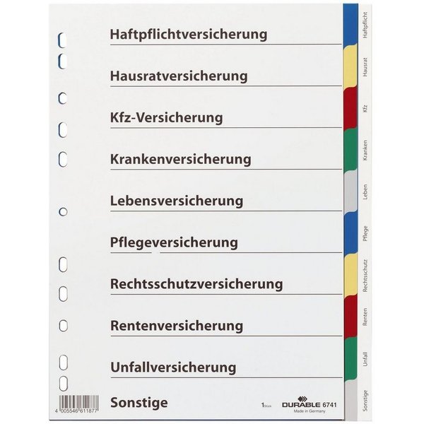 DURABLE Aktenordner Vollformat blanko mit Deckblatt Versicherungen 2x blau 2x gelb 2x rot