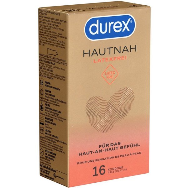 durex Kondome Hautnah Latexfrei Packung mit, 16 St., latexfreie Markenkondome mit Easy-On™-Passform