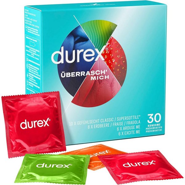 durex Kondome Überrasch Mich mit 4 verschiedenen Kondomsorten zum Ausprobieren Ausprobierset, 30 St., Für unterschiedlichste Bedürfnisse