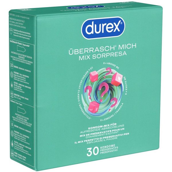 durex Kondome Überrasch' mich Packung mit, 30 St., Markenkondome im Mix für überraschende Abwechslung