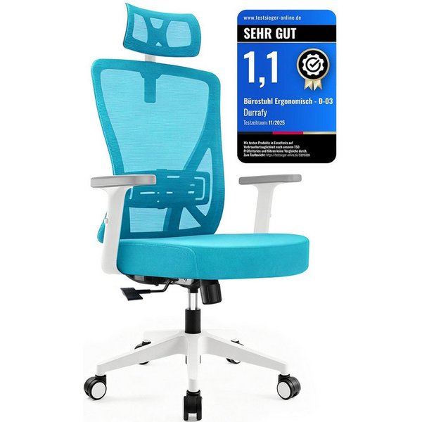 Durrafy Bürostuhl 200kg Ergonomischer Bürostuhl-Verstellbare Lordosenstütze (Verstellbare Lendenwirbelstutze + Kopfstutze + hohenverstelbare Armlehnen),bis zu 1
