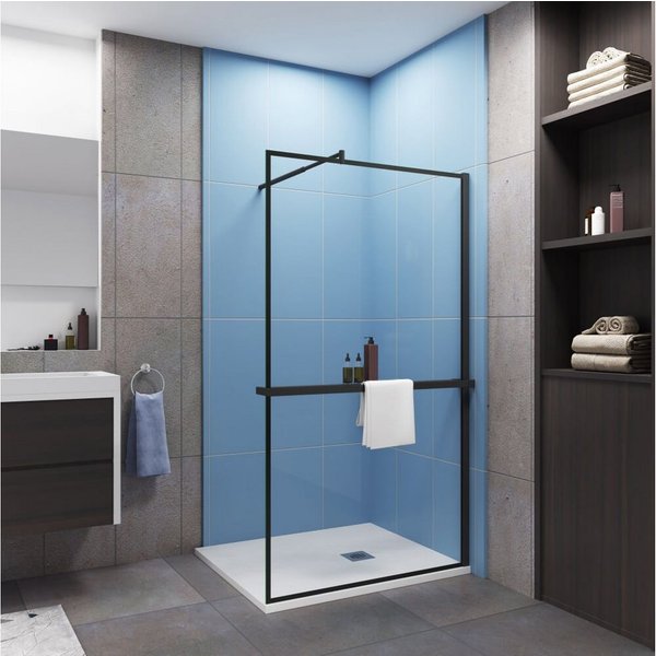 Duschparadies Walk-in-Dusche H:200cm Stützstange Handtuchhalter schwarz Duschwand Duschabtrennung, Einscheibensicherheitsglas