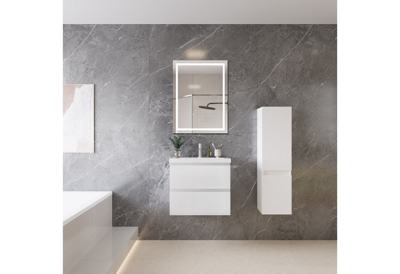 duschspa Badmöbel-Set Waschtisch mit Keramikbecken und Hochschrank 83/110/131.5cm, 50/60/80/100/120cm Matt, Hochglanz Badset mit Softclose – Bild 2 von 5