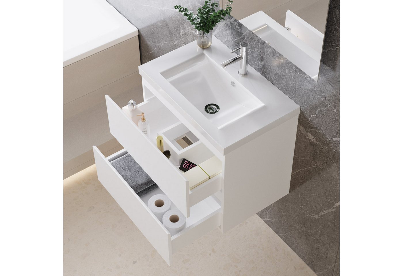duschspa Badmöbel-Set Waschtisch mit Keramikbecken und Hochschrank 83/110/131.5cm, 50/60/80/100/120cm Matt, Hochglanz Badset mit Softclose – Bild 4 von 5