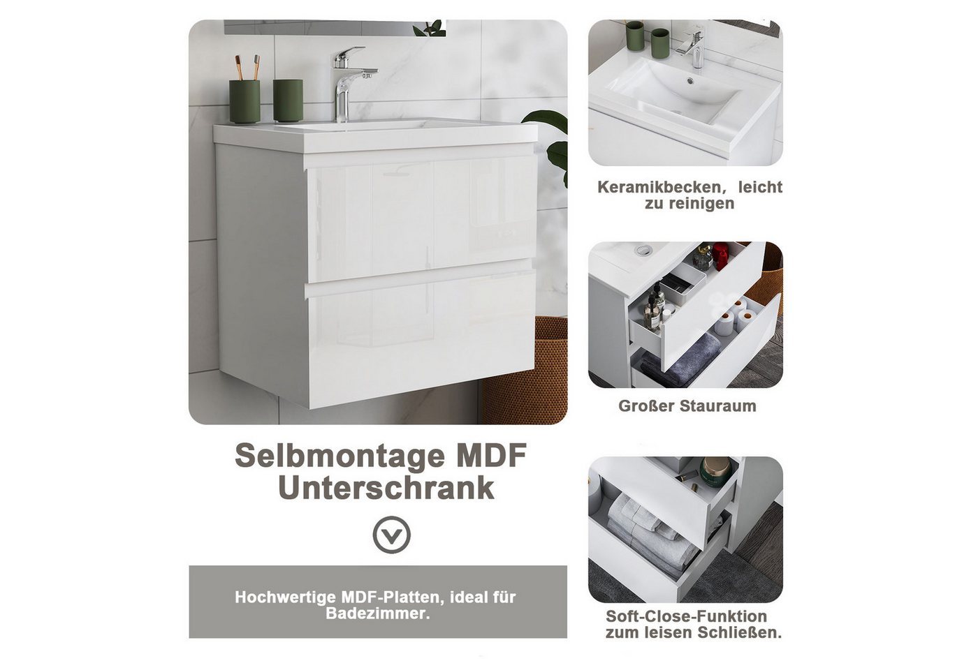 duschspa Badmöbel-Set Waschtisch mit Keramikbecken und Hochschrank 83/110/131.5cm, 50/60/80/100/120cm Matt, Hochglanz Badset mit Softclose – Bild 5 von 5