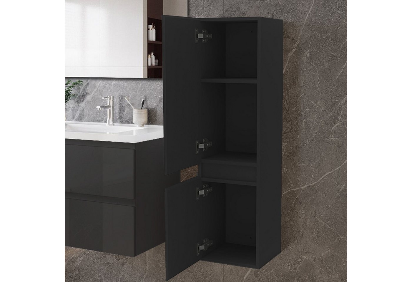 duschspa Badmöbel-Set Waschtisch mit Keramikbecken und Hochschrank 83/110/131.5cm, 50/60/80/100/120cm Matt, Hochglanz Badset mit Softclose – Bild 3 von 5