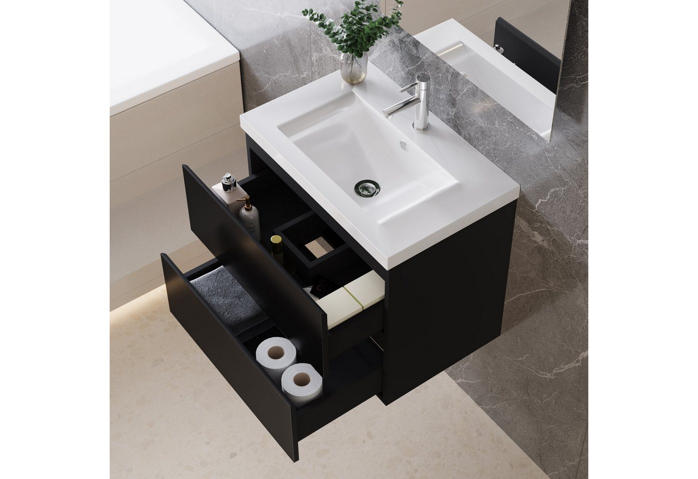 duschspa Badmöbel-Set Waschtisch mit Keramikbecken und Hochschrank 83/110/131.5cm, 50/60/80/100/120cm Matt, Hochglanz Badset mit Softclose – Bild 4 von 5