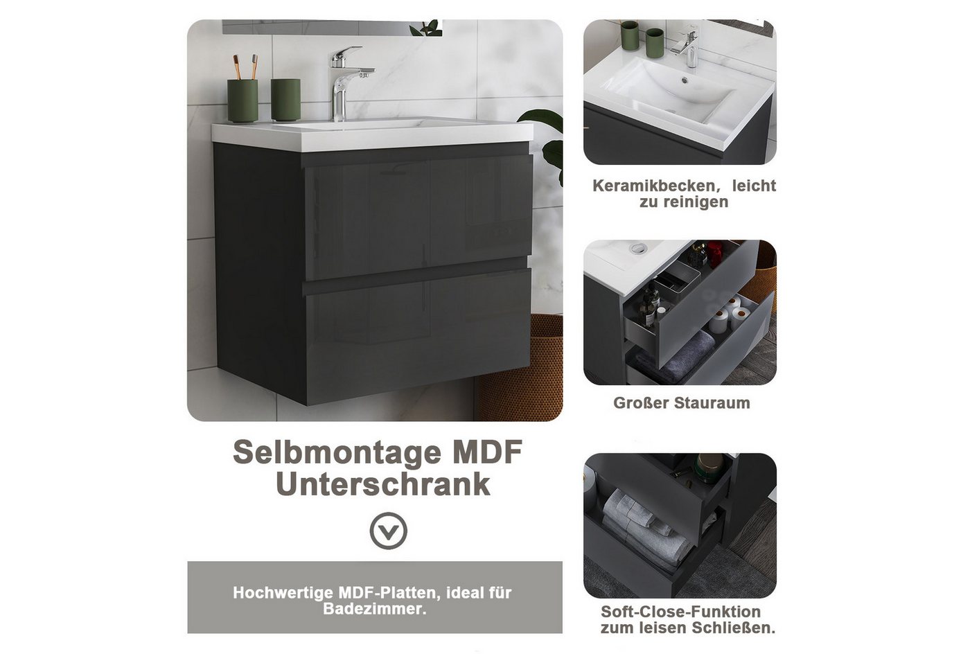 duschspa Badmöbel-Set Waschtisch mit Keramikbecken und Hochschrank 83/110/131.5cm, 50/60/80/100/120cm Matt, Hochglanz Badset mit Softclose – Bild 5 von 5