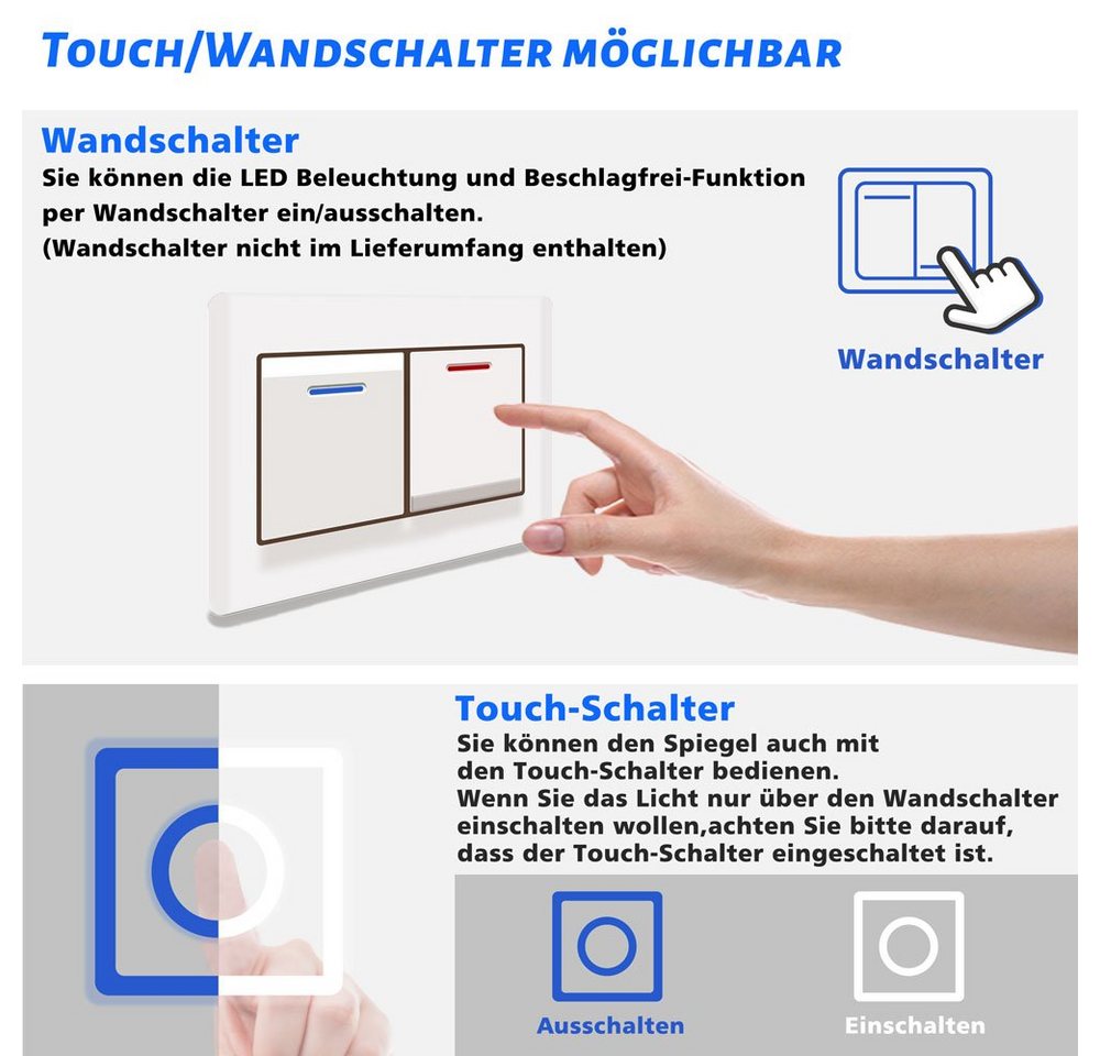 duschspa Badspiegel 50-160 cm Touch LED Spiegel, Beschlagfrei – Bild 4 von 5
