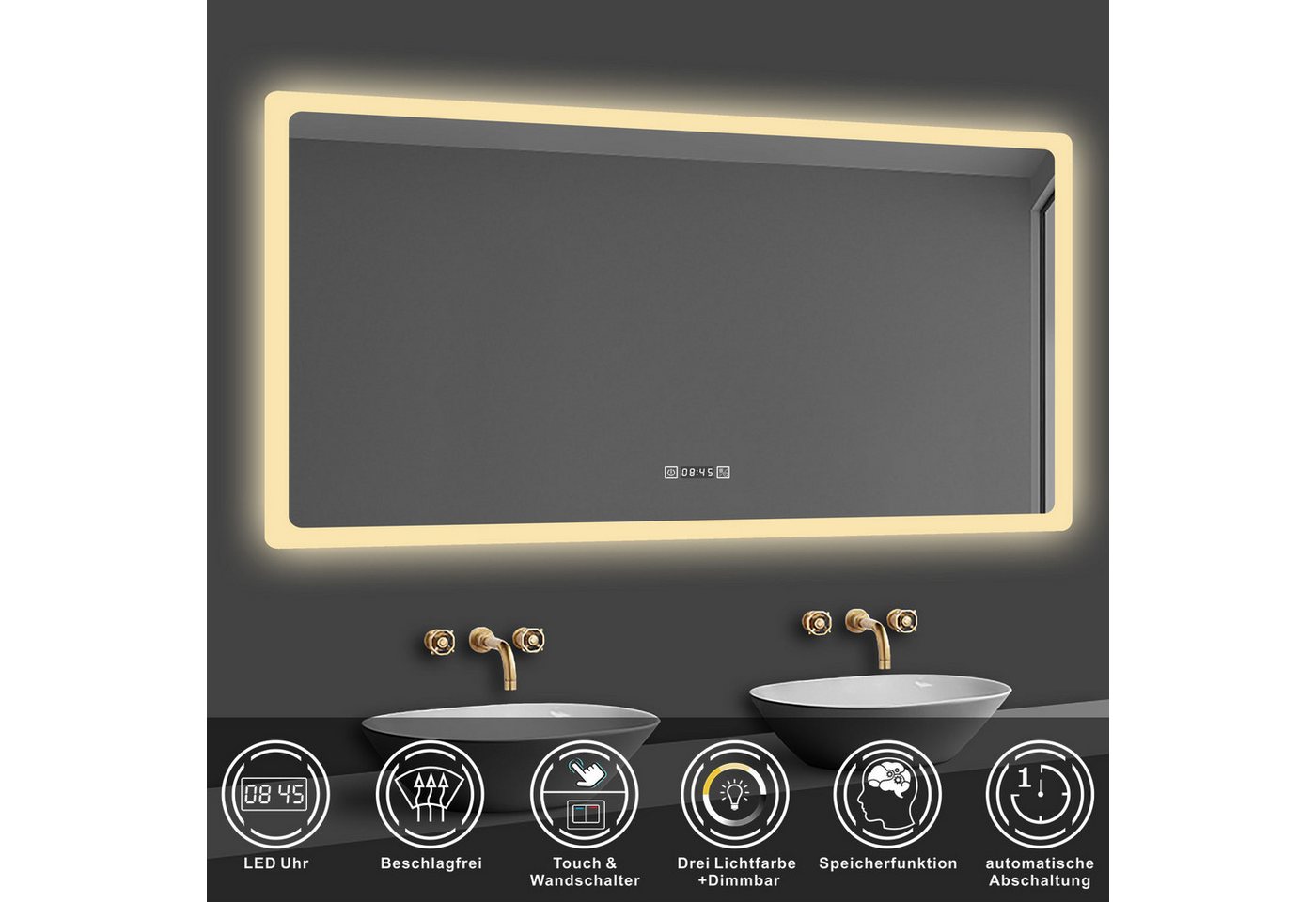 duschspa Badspiegel 50-160cm Spiegel Touch, Wandschalter, Beschlagfrei, energiesparend, Digital-Uhr, Drei Lichtfarbe, Dimmbar, Memory – Bild 2 von 5