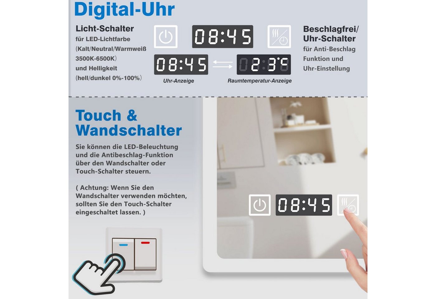 duschspa Badspiegel 50-160cm Spiegel Touch, Wandschalter, Beschlagfrei, energiesparend, Digital-Uhr, Drei Lichtfarbe, Dimmbar, Memory – Bild 4 von 5