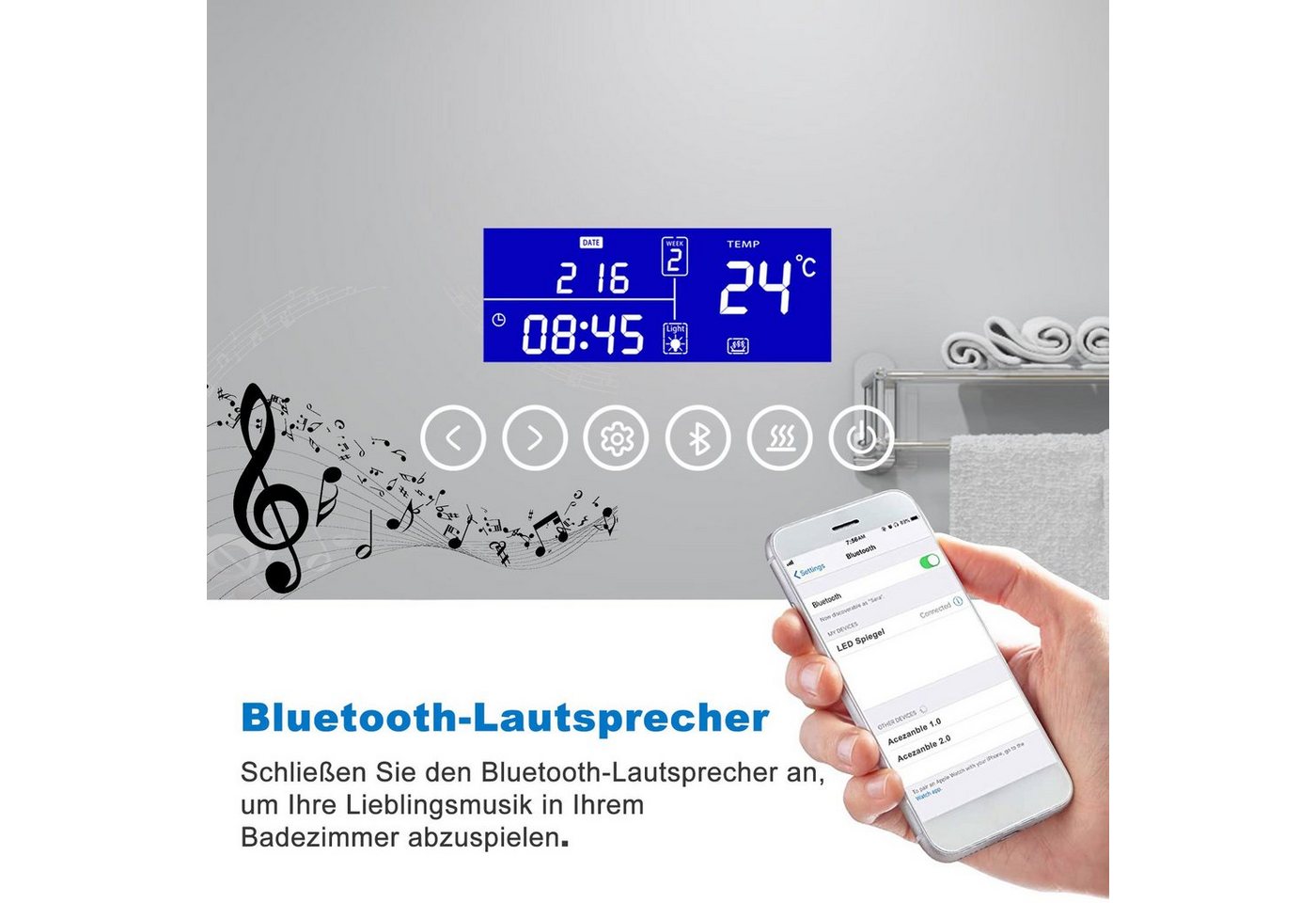 duschspa Badspiegel 80-160 cm Uhr, Beschlagfrei, 3xSchminkspiegel Kalt/Neutral/Warmweiß, Bluetooth – Bild 4 von 5