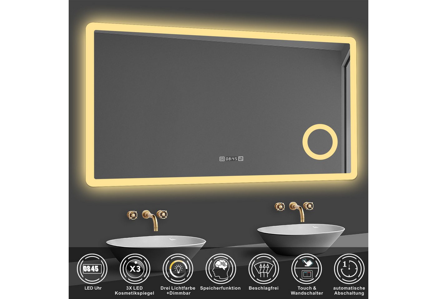 duschspa Badspiegel 80-160cm 3 Lichtfarbe, Uhr, Beschlagfrei, 3-Fach Schminkspiegel, dimmbar – Bild 2 von 5