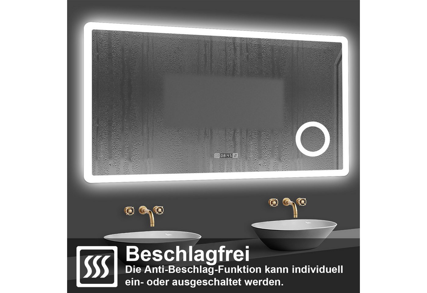 duschspa Badspiegel 80-160cm 3 Lichtfarbe, Uhr, Beschlagfrei, 3-Fach Schminkspiegel, dimmbar – Bild 3 von 5