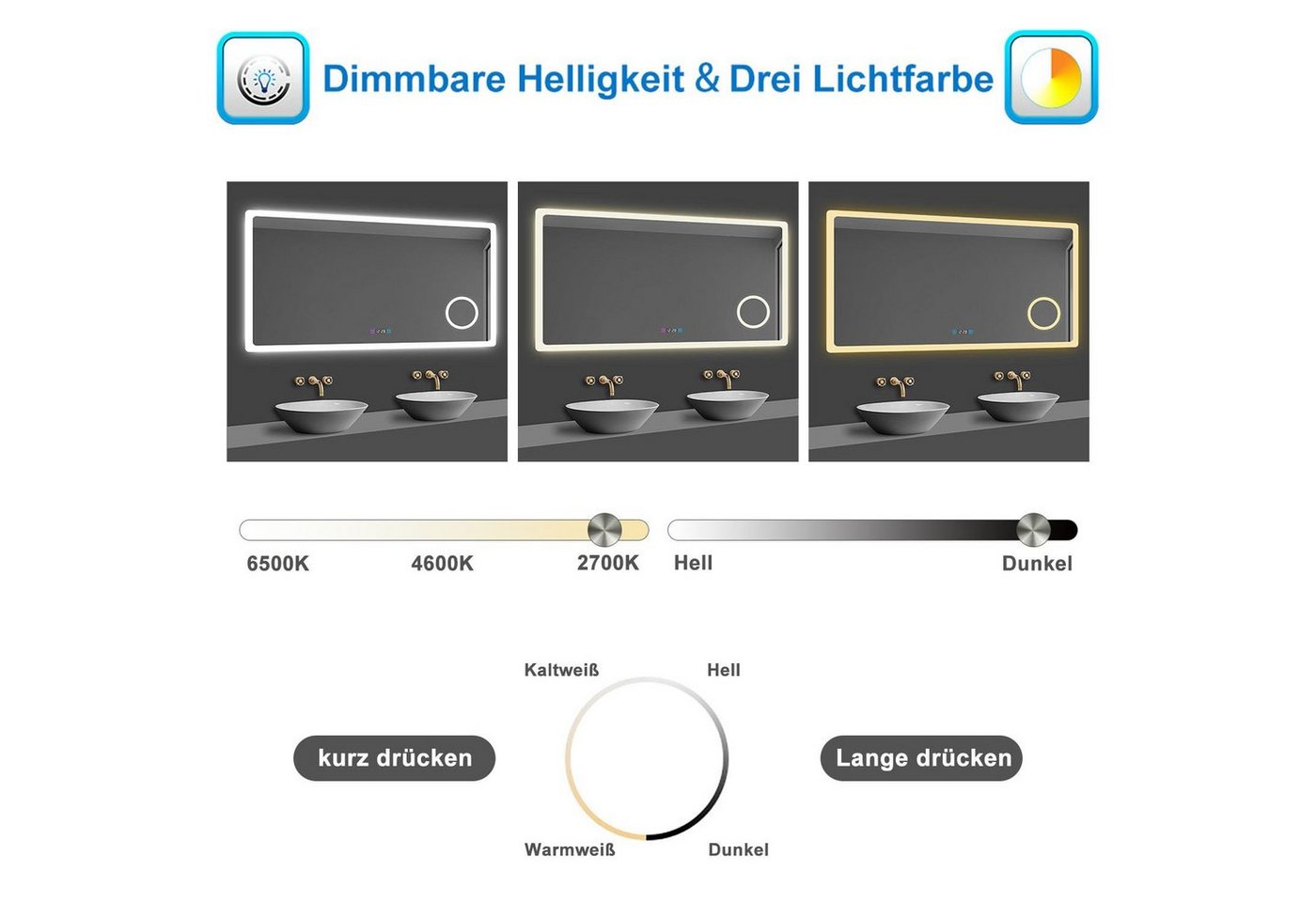 duschspa Badspiegel 80-160cm 3 Lichtfarbe, Uhr, Beschlagfrei, 3-Fach Schminkspiegel, dimmbar – Bild 5 von 5