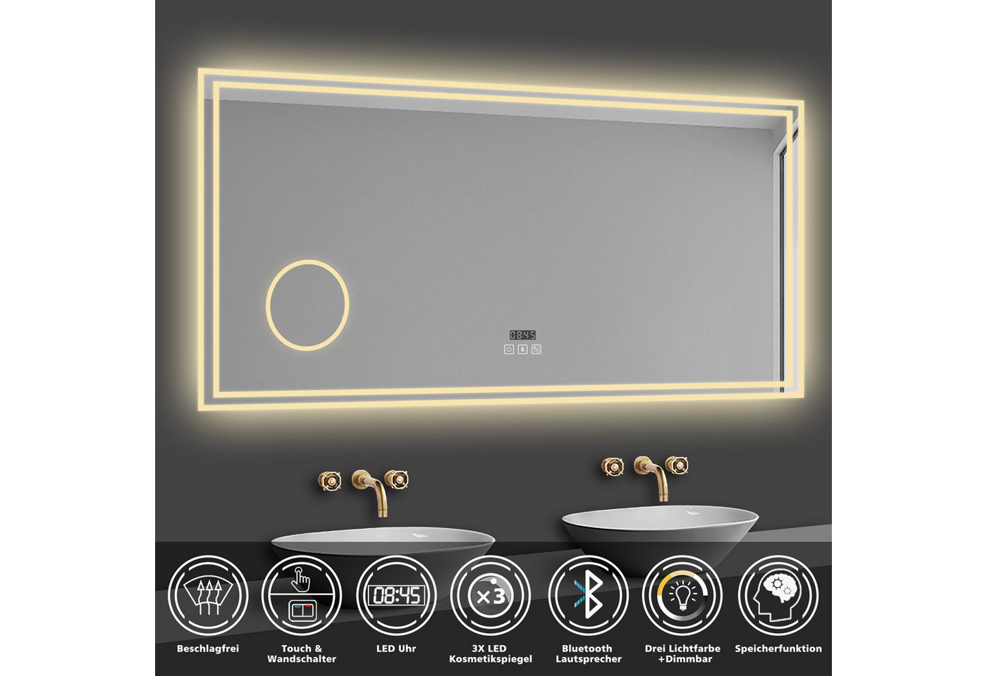 duschspa Badspiegel 80-160cm mit LED, Uhr, Beschlagfrei, Schminkspiegel, Kalt/Warm/Neutral Licht, dimmbar, Helligkeit-Speicherfunktion – Bild 2 von 5
