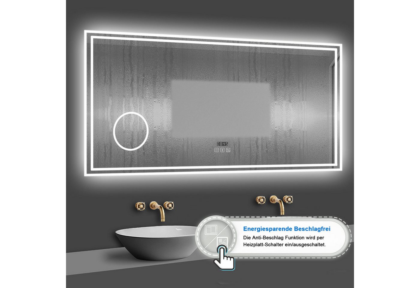 duschspa Badspiegel 80-160cm mit LED, Uhr, Beschlagfrei, Schminkspiegel, Kalt/Warm/Neutral Licht, dimmbar, Helligkeit-Speicherfunktion – Bild 3 von 5
