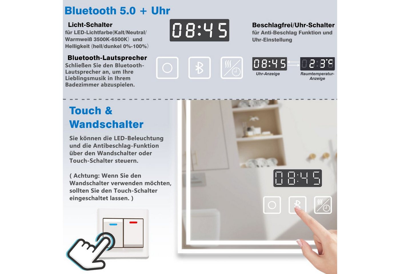 duschspa Badspiegel 80-160cm mit LED, Uhr, Beschlagfrei, Schminkspiegel, Kalt/Warm/Neutral Licht, dimmbar, Helligkeit-Speicherfunktion – Bild 4 von 5