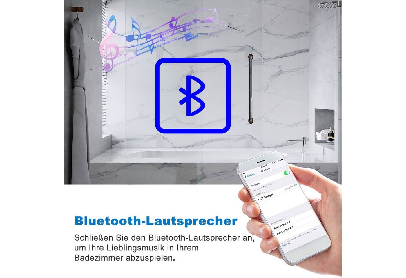duschspa Badspiegel 80-160cm mit LED, Uhr, Beschlagfrei, Schminkspiegel, Kalt/Warm/Neutral Licht, dimmbar, Helligkeit-Speicherfunktion – Bild 5 von 5
