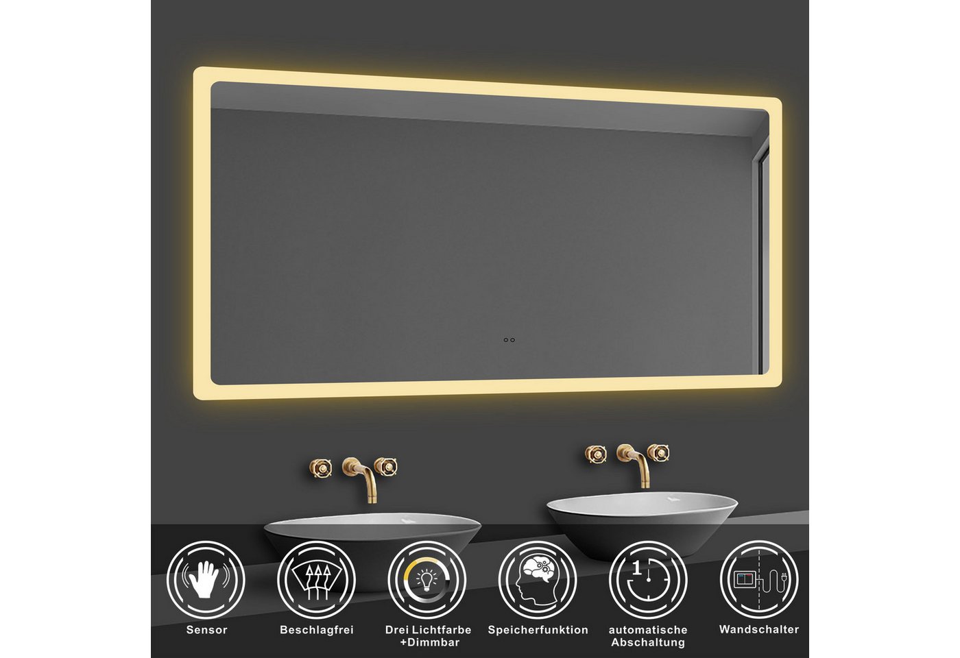 duschspa Badspiegel LED Spiegel mit Beleuchtung dimmbar beschlagfrei Wandspiegel, Breite 70-160cm, Sensor-Schalter – Bild 2 von 5