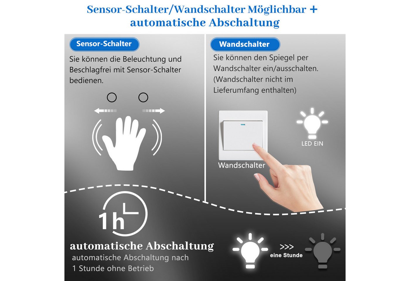 duschspa Badspiegel LED Spiegel mit Beleuchtung dimmbar beschlagfrei Wandspiegel, Breite 70-160cm, Sensor-Schalter – Bild 4 von 5