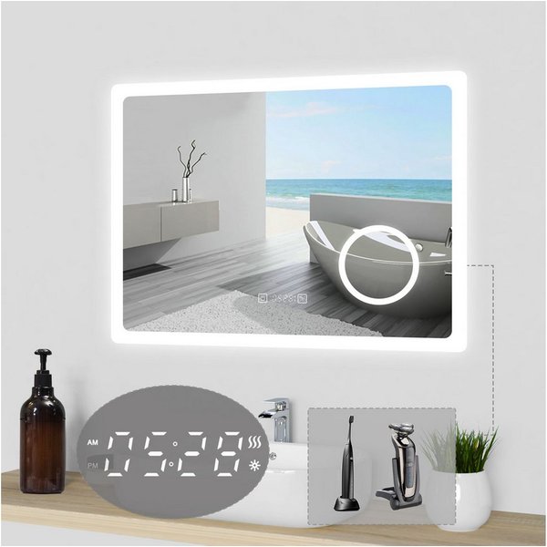 duschspa Badspiegel LED Spiegel mit Steckdose 3x Schminkspiegel Kalt/Neutral/Warmweiß, Uhr/Rasiersteckdose