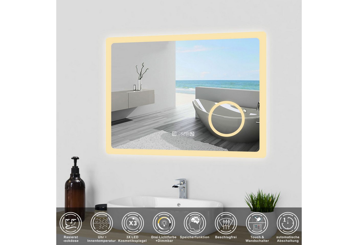 duschspa Badspiegel LED Spiegel mit Steckdose 3x Schminkspiegel Kalt/Neutral/Warmweiß, Uhr/Rasiersteckdose – Bild 2 von 5