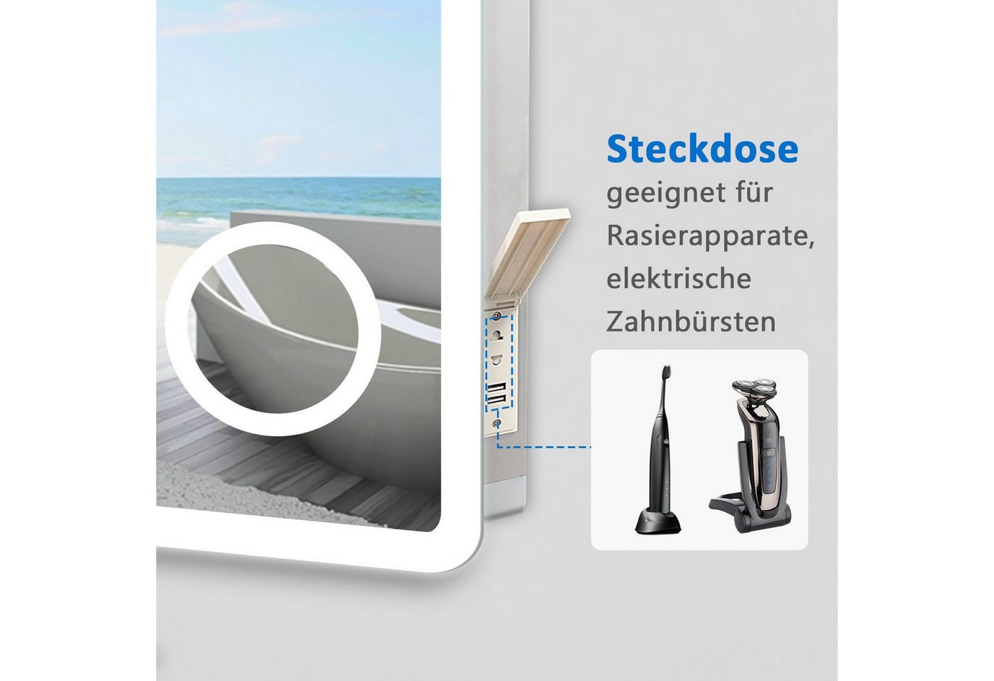 duschspa Badspiegel LED Spiegel mit Steckdose 3x Schminkspiegel Kalt/Neutral/Warmweiß, Uhr/Rasiersteckdose – Bild 3 von 5