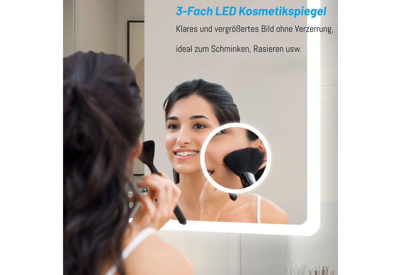 duschspa Badspiegel LED Spiegel mit Steckdose 3x Schminkspiegel Kalt/Neutral/Warmweiß, Uhr/Rasiersteckdose – Bild 4 von 5
