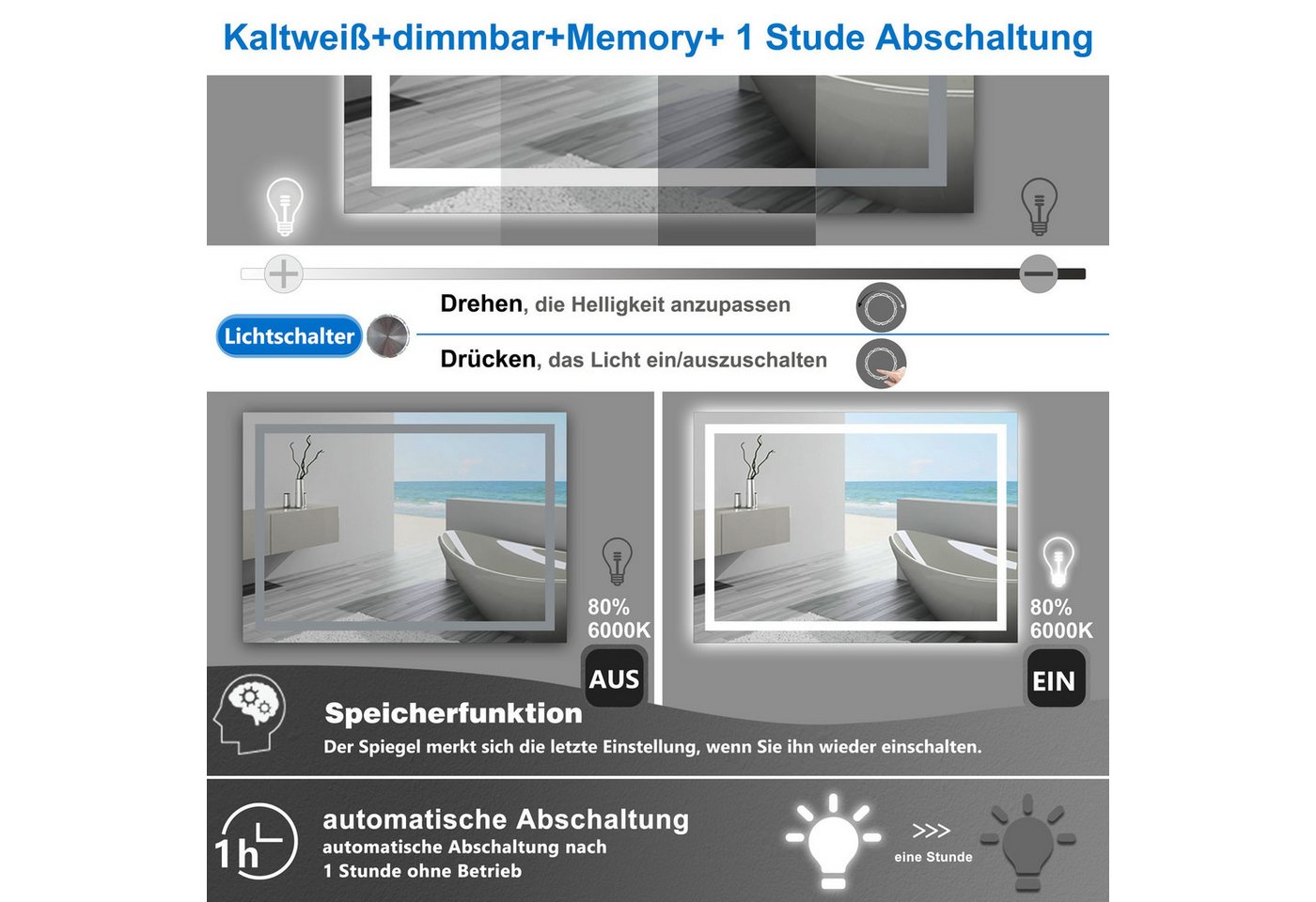 duschspa Badspiegel mit Beleuchtung Kaltweiß oder Kalt/Neutral/Warmweiß Beschlagfrei, Dreh+Knopfschalter, Wandschalter – Bild 4 von 5