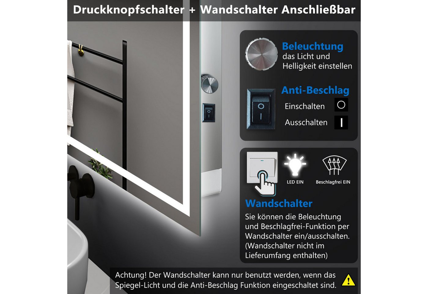 duschspa Badspiegel mit Beleuchtung Kaltweiß oder Kalt/Neutral/Warmweiß Beschlagfrei, Dreh+Knopfschalter, Wandschalter – Bild 5 von 5