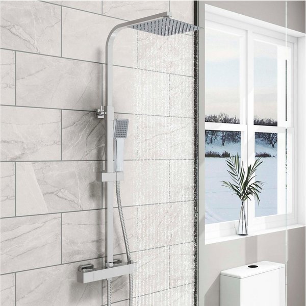 duschspa Duschsystem 20/30cm eckig Regenduschset mit Kopfbrause, 2 Strahlart(en), Wandmontage mit Thermostat Regendusche Chrom/Schwarz Quadratisch