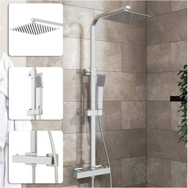 duschspa Duschsystem 20x20cm eckig Regenduschset mit Kopfbrause, Wandmontage mit Thermostat Regendusche Chrom/Schwarz Quadratisch
