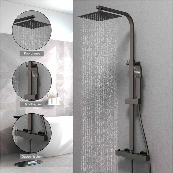 duschspa Duschsystem 20x20cm eckig Regenduschset mit Kopfbrause, Wandmontage mit Thermostat Regendusche Chrom/Schwarz Quadratisch