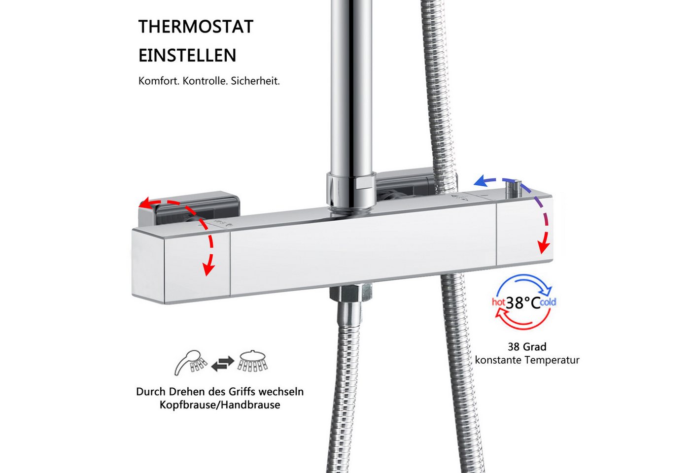 duschspa Duschsystem Duschset mit Thermostat 38℃ verstellbare Duschstange aus Edelstahl, 2 Strahlart(en), Regendusche mit quadratischem Duschkopf 20x20cm – Bild 2 von 5