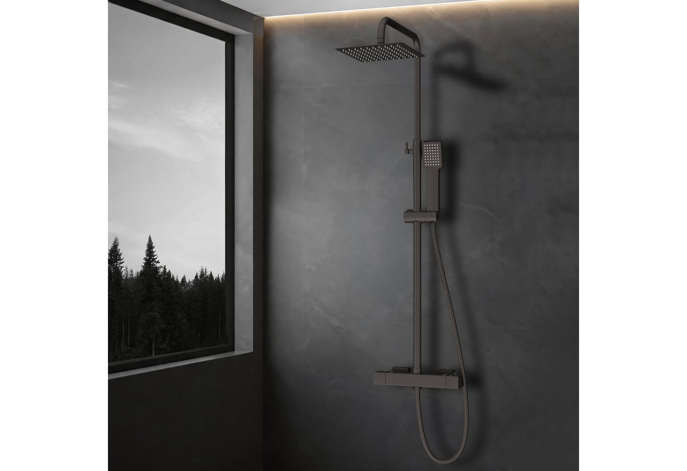 duschspa Duschsystem Duschset mit Thermostat 38℃ verstellbare Duschstange aus Edelstahl, 2 Strahlart(en), Regendusche mit quadratischem Duschkopf 20x20cm – Bild 2 von 5