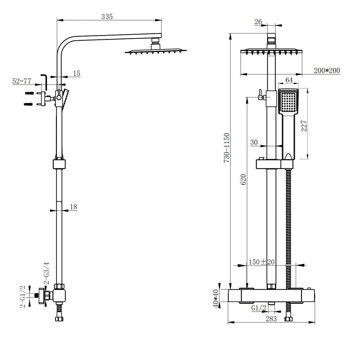 duschspa Duschsystem Duschset mit Thermostat 38℃ verstellbare Duschstange aus Edelstahl, 2 Strahlart(en), Regendusche mit quadratischem Duschkopf 20/30cm – Bild 5 von 5