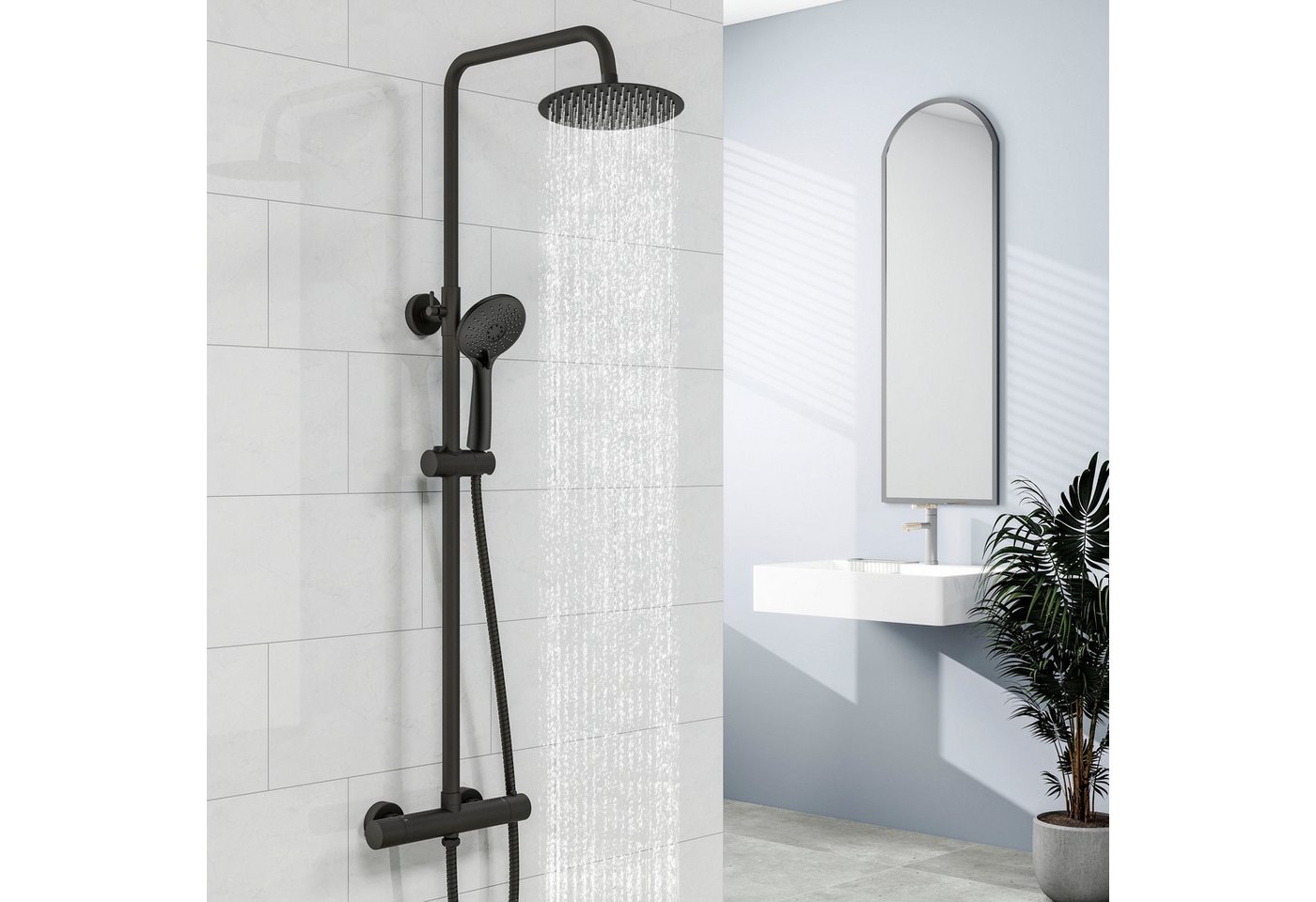duschspa Duschsystem Regendusche mit Thermostat Edelstahl 8 Zoll Regenduschkopf, 2 Strahlart(en), 3 Strahlarten Handbrause – Bild 2 von 5