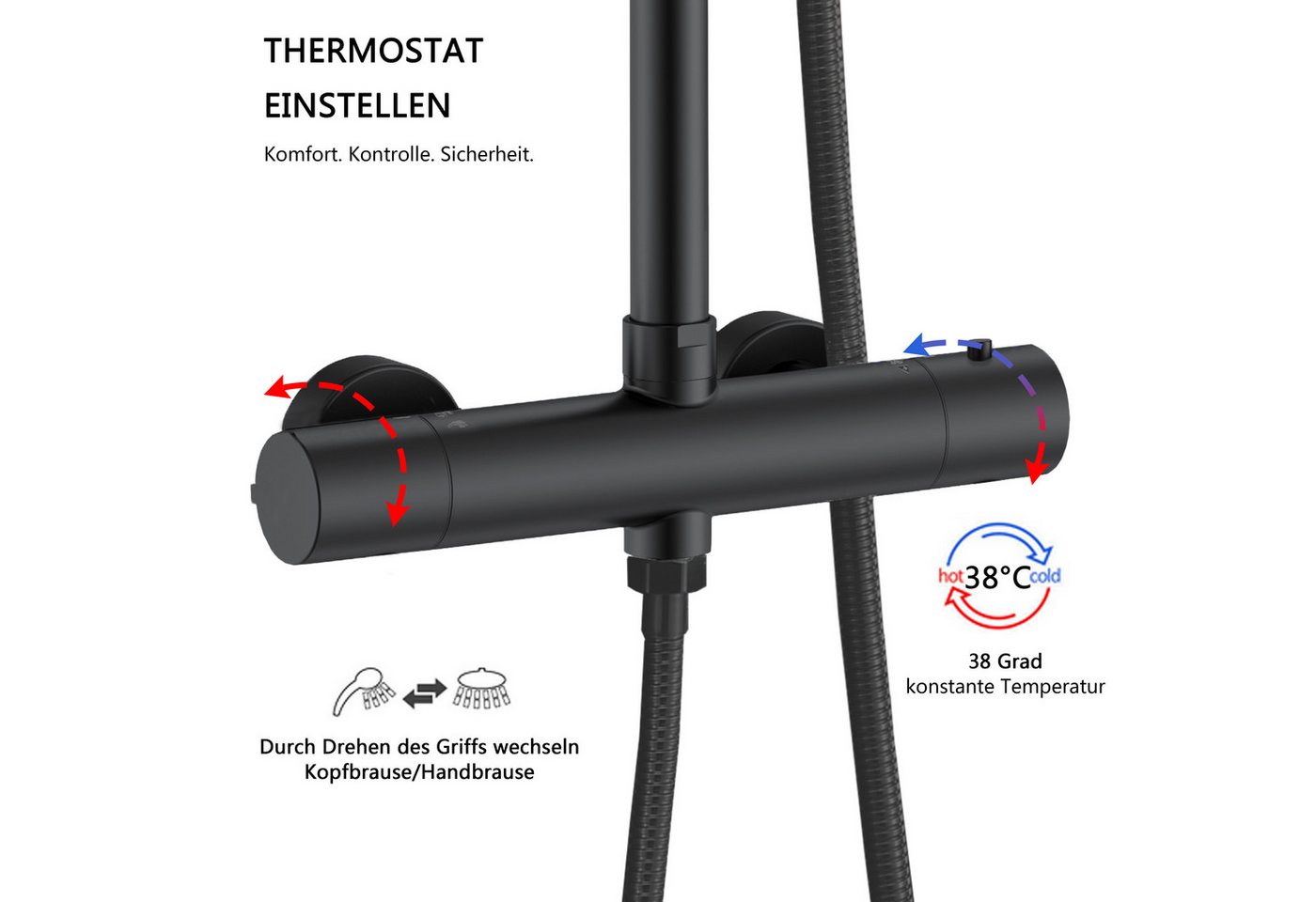 duschspa Duschsystem Regendusche mit Thermostat Edelstahl 8 Zoll Regenduschkopf, 2 Strahlart(en), 3 Strahlarten Handbrause – Bild 5 von 5