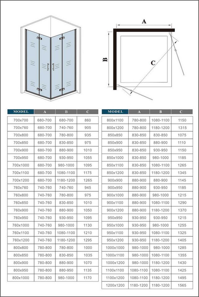 duschspa Eckdusche 6mm Nano Glas Duschkabine Duschtür Falttür Scharniertür Glaswand, BxT: 70x70 cm, Sicherheitsglas, Einscheibensicherheitsglas, Set, links und  – Bild 2 von 5