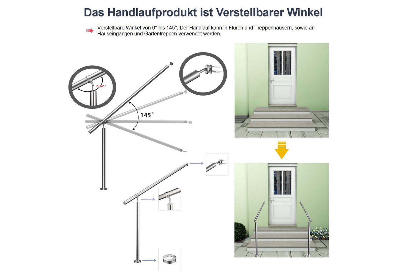 duschspa Handlauf Geländer Eingangsgeländer Edelstahl Treppengeländer für Innen & Außen, 120 cm Gesamtlänge, (Packung) – Bild 4 von 5