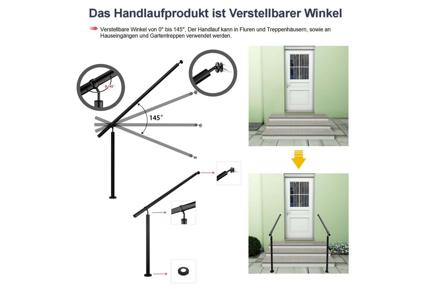 duschspa Handlauf Geländer Eingangsgeländer Edelstahl Treppengeländer für Innen & Außen, 100 cm Gesamtlänge, (Packung) – Bild 4 von 5