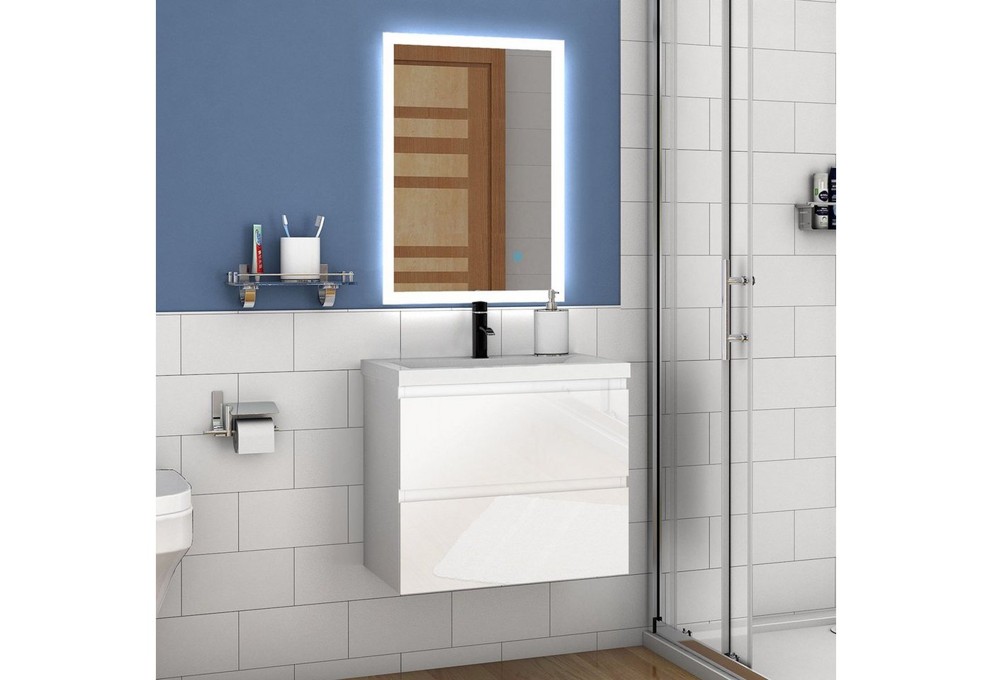 duschspa Waschtisch Badmöbel Set 50/60 cm Waschbecken mit Unterschrank Hochglanz Weiß, Hängeschrank – Bild 4 von 5