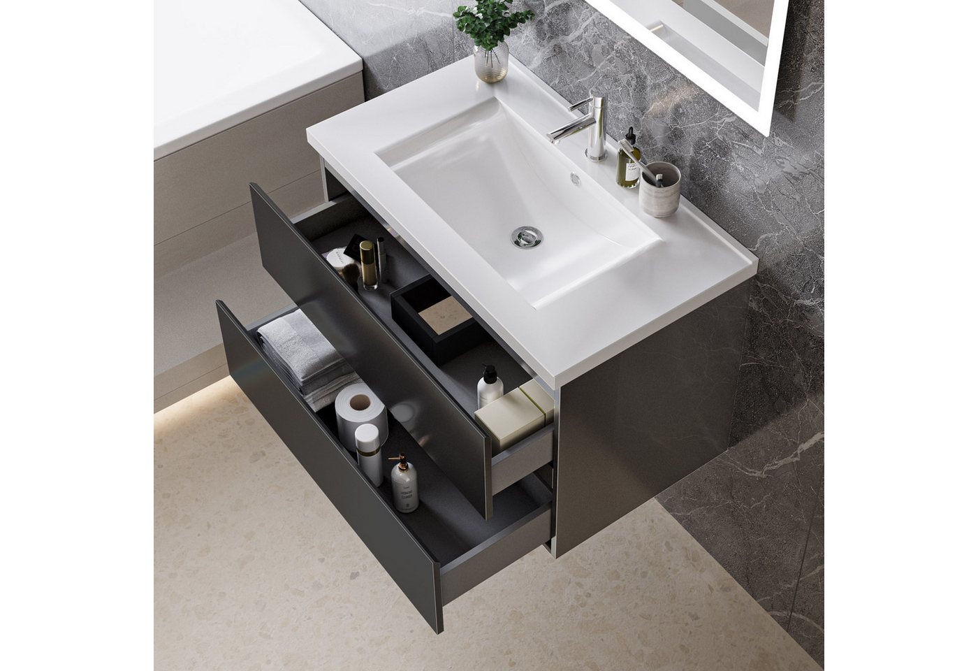 duschspa Waschtisch Badmöbel Set Waschbecken mit Unterschrank MDF, Beite 50/60/80/100 cm – Bild 3 von 5